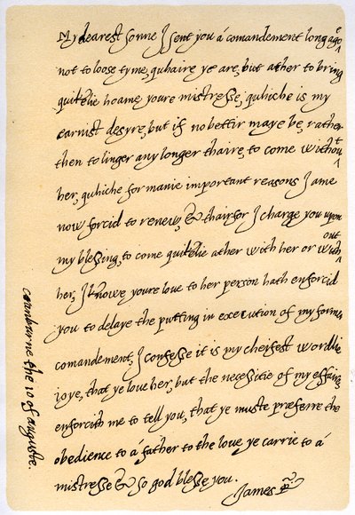 Brief van Jacobus I aan zijn zoon, Karel, Prins van Wales, 10 augustus 1623 door King James I