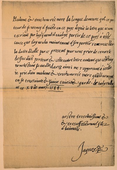 Brief van Koning James VI 1566-1625 aan zijn Moeder, Koningin Mary 1542-1587, 1584-5 door King James I