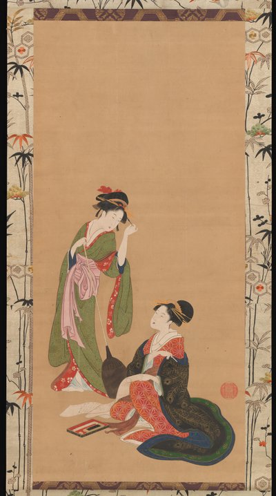 Courtisanes die Kanzan en Jittoku parodiëren, eind 18e-begin 19e eeuw door Kinpusha Toyomaro