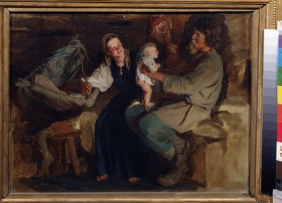 Ouderlijk geluk. In een bescheiden interieur houdt een boerenpaar hun halfnaakte baby in evenwicht op de knieën van de vader, terwijl de moeder glimlacht en de wieg vasthoudt door Kirill Vikentievich Lemoch