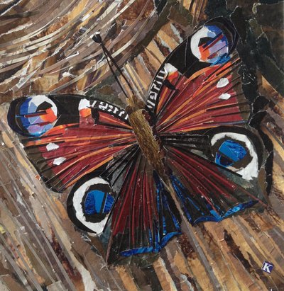 Wakker worden, pauwvlinder op houtstapel door Kirstie Adamson