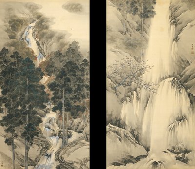 Waterval in lente en herfst Set van twee hangende rollen, 1893 door Kishi Chikudo