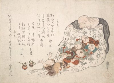 Hotei opent zijn tas die vol zit met kleine jongens, ca. begin 19e eeuw door Kita Busei