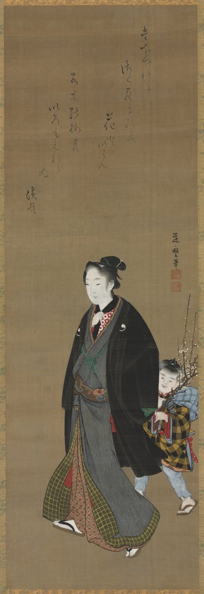 Man die wandelt met een jongen die een bloeiende tak draagt door Kitagawa Fujimaro