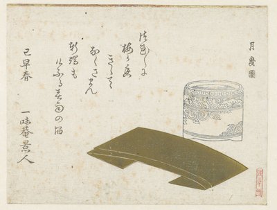 Een porseleinen pot en gevouwen papier door Kitagawa Tsukimaro