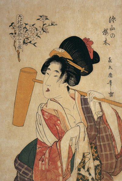 Close-up van een jonge vrouw met een houten stamper op haar schouder door Kitagawa Tsukimaro