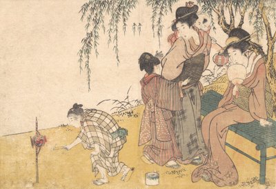 Een kind dat vuurwerk aansteekt, uit het geïllustreerde boek Bloemen van de Vier Seizoenen, 1801 door Kitagawa Utamaro
