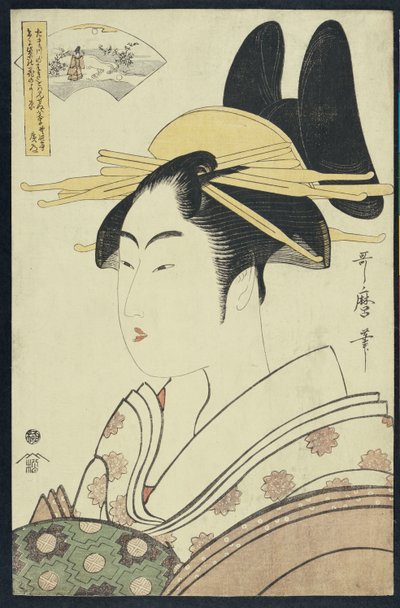 Een Okubi-E portret van een courtisane die de Hagi of Noki Rivier vertegenwoordigt door Kitagawa Utamaro