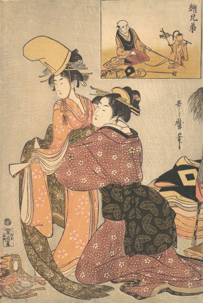 Een vrouw kleedt een meisje aan voor de Kabuki-dans 
