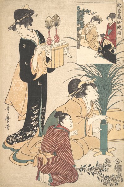 Een vrouw en een man die bloemen schikken voor het Tsukimi-maanfeest door Kitagawa Utamaro