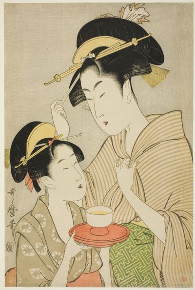 Een jong meisje biedt thee aan een andere vrouw aan door Kitagawa Utamaro
