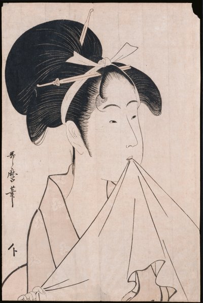 Een borstbeeldportret van Okita van de Naniwaya met een handdoek in haar tanden en het doek uitrekkend door Kitagawa Utamaro