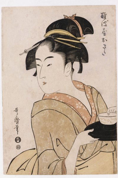 Een busteportret van de serveerster Okita van het Naniwaya Theehuis door Kitagawa Utamaro