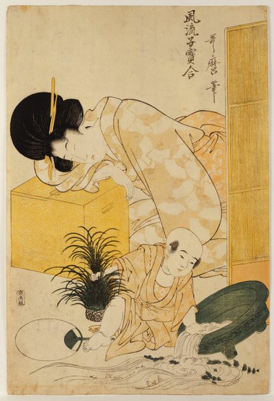 Een moeder die dut terwijl haar kind een vissenkom omstoot, uit de serie "Vergelijking van modieuze kinderen" door Kitagawa Utamaro