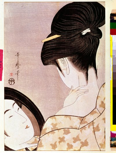 Een vrouw die haar nek poedert met schaduw Japanse prent door Utamaro Kitagawa (1753-1806) - Zon 0,37x0,22 m - 1795-1796 - Parijs, Musee Guimet, Nationaal Museum van Aziatische Kunsten door Kitagawa Utamaro