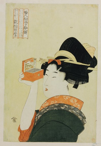 Een jong meisje dat door een Nozoki Megane kijkt, "Toverlantaarn", uit de serie "Tien vormen van vrouwelijke fysiognomie" door Kitagawa Utamaro
