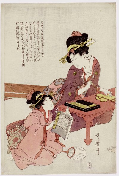 Een jonge vrouw zittend aan een bureau, schrijvend, een meisje met een boek kijkt toe door Kitagawa Utamaro