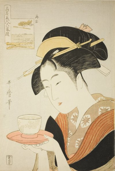 Opnieuw Verschijnen: Naniwaya Okita, uit de serie “Beroemde Schoonheden Vergeleken met de Zes Onsterfelijke Dichters" ("Komei bijin rokkasen") door Kitagawa Utamaro