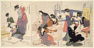 Kunstenaar, blokgraveur, aanbrengen van lijm, uit de serie De teelt van brokaatafdrukken, een beroemd product van Edo door Kitagawa Utamaro