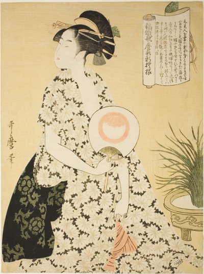 Schoonheid in een zomerkimono, uit de serie "Nieuwe patronen van brokaat geweven in Utamaro-stijl" ("Nishiki-ori Utamaro-gata-shinmoyo") door Kitagawa Utamaro