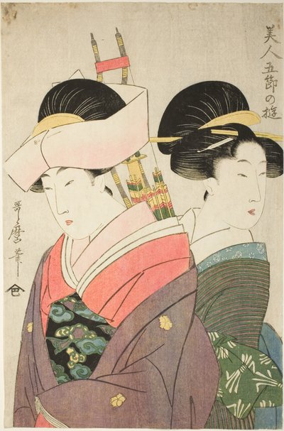 Schoonheid en Bediende op Nieuwjaarsdag, uit de serie "Plezieren voor Schoonheden op de Vijf Feestdagen" ("Bijin gosetsu no asobi") door Kitagawa Utamaro