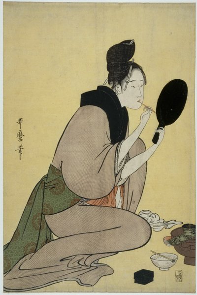 Bijin-ga. Meisje brengt make-up aan op haar lippen door Kitagawa Utamaro