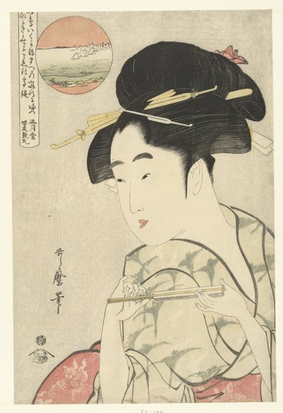 Busteportret van jonge vrouw met waaier door Kitagawa Utamaro
