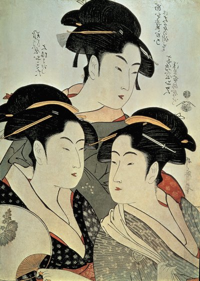 Close-up van een schilderij van drie vrouwen, Kitagawa Utamaro, Kansei periode, Japan door Kitagawa Utamaro