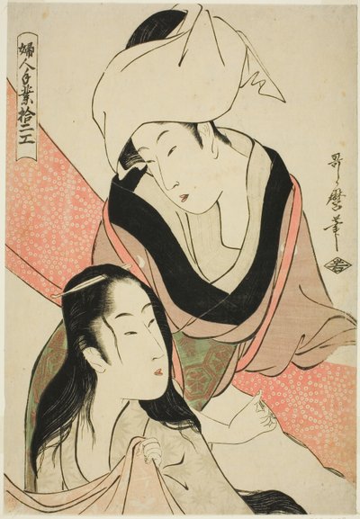 Textiel-strecher, uit de serie "Twaalf soorten vrouwenhandwerk (Fujin tewaza juni ko)". door Kitagawa Utamaro