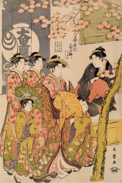 Courtisanes wandelend onder kersenbomen voor de Daiko, c.1789 (houtsnede) (detail) door Kitagawa Utamaro