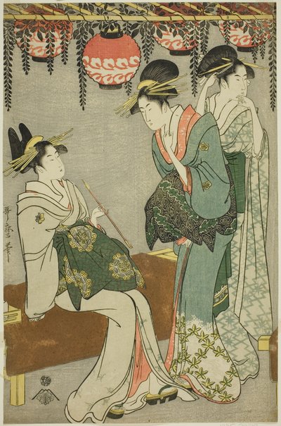 Courtisanes onder blauwe regen prieel door Kitagawa Utamaro