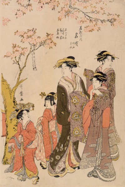Courtisanes wandelend onder kersenbomen, c.1789 (houtsnede) (detail) door Kitagawa Utamaro
