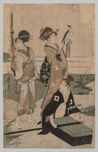 Daimyo en zijn gevolg steken een stroom over in de vlakte bij Fuji door Kitagawa Utamaro