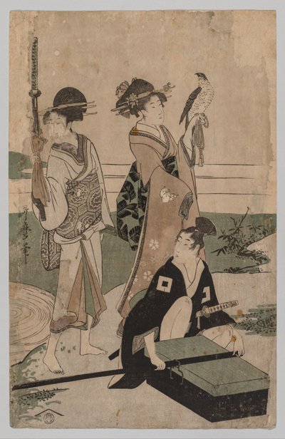 Daimyo en zijn gevolg steken een stroom over in de vlakte bij Fuji door Kitagawa Utamaro