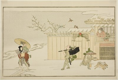 Nieuwjaarsgeschenken bezorgen in de sneeuw, uit de geïllustreerde kyoka-anthologie "De jonge god Ebisu" door Kitagawa Utamaro