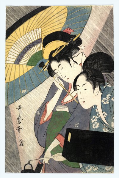 Twee vrouwen onder een paraplu door Kitagawa Utamaro