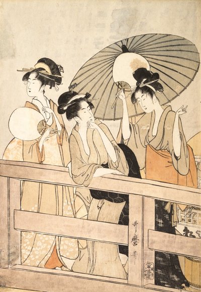 Genieten van de koele avondbries op en onder de brug, ca. 1800 door Kitagawa Utamaro