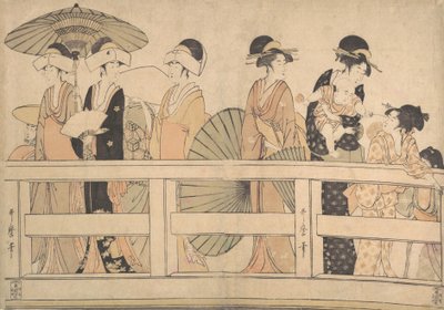 Genieten van de koele avondbries op de brug, ca. 1800 door Kitagawa Utamaro