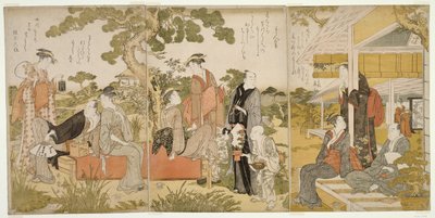 Genieten van de koelte in een tuin door Kitagawa Utamaro