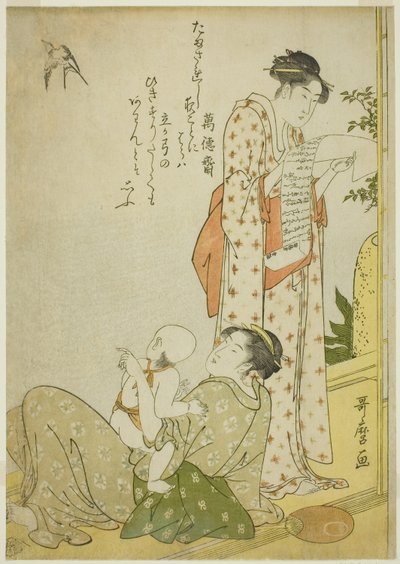 Avondkoelte op de Veranda (Ensaki no yusuzumi): Genrescènes met kyoka-gedichten, in aiban-formaat (Kyoka-iri aiban fuzoku zu) door Kitagawa Utamaro