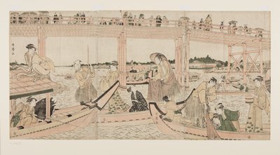 Vissersboten met netten onder de Ryogoku-brug door Kitagawa Utamaro