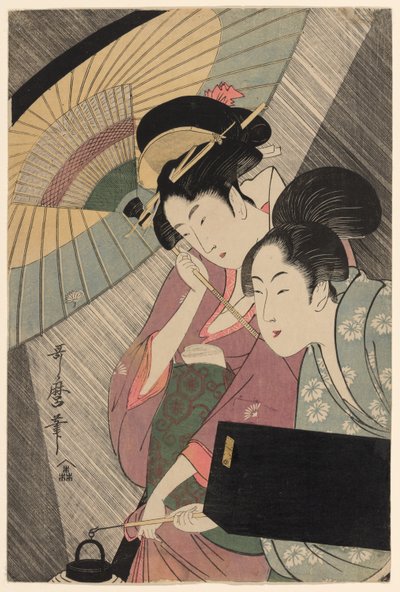 Geisha en bediende op een regenachtige nacht door Kitagawa Utamaro