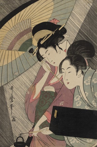 Geisha en Begeleider op een Regenachtige Nacht door Kitagawa Utamaro