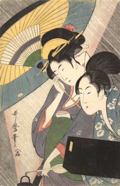 Geisha en bediende op een regenachtige nacht, ca. 1797 door Kitagawa Utamaro