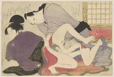 Geisha en minnaar bij vrijstaand kamerscherm door Kitagawa Utamaro
