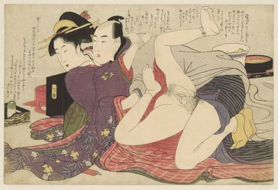 Geisha in kimono met lange mouwen en haar geliefde door Kitagawa Utamaro
