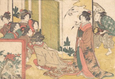 Meisjes vermaakt door artiesten, uit het geïllustreerde boek Bloemen van de Vier Seizoenen, 1801 door Kitagawa Utamaro