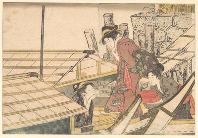Meisjes die aan boord van een boot gaan, uit het prentenboek *Bloemen van de vier seizoenen* door Kitagawa Utamaro