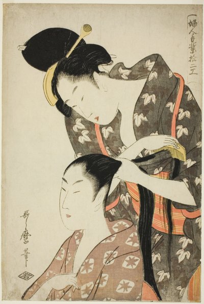 Kapper, uit de serie "Twaalf soorten vrouwenhandwerk (Fujin tewaza juni ko)". door Kitagawa Utamaro
