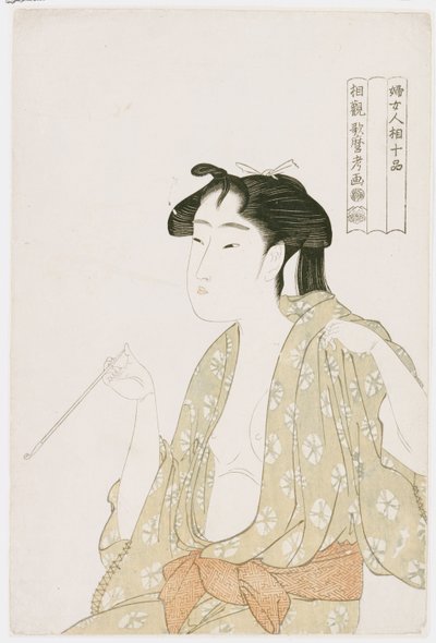 Halflang portret van een vrouw die rookt, met een pijp en een rookwolk, ca. 1792 door Kitagawa Utamaro